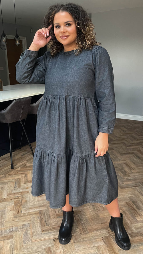 CurveWow Denim Smock Dress - Washed Black