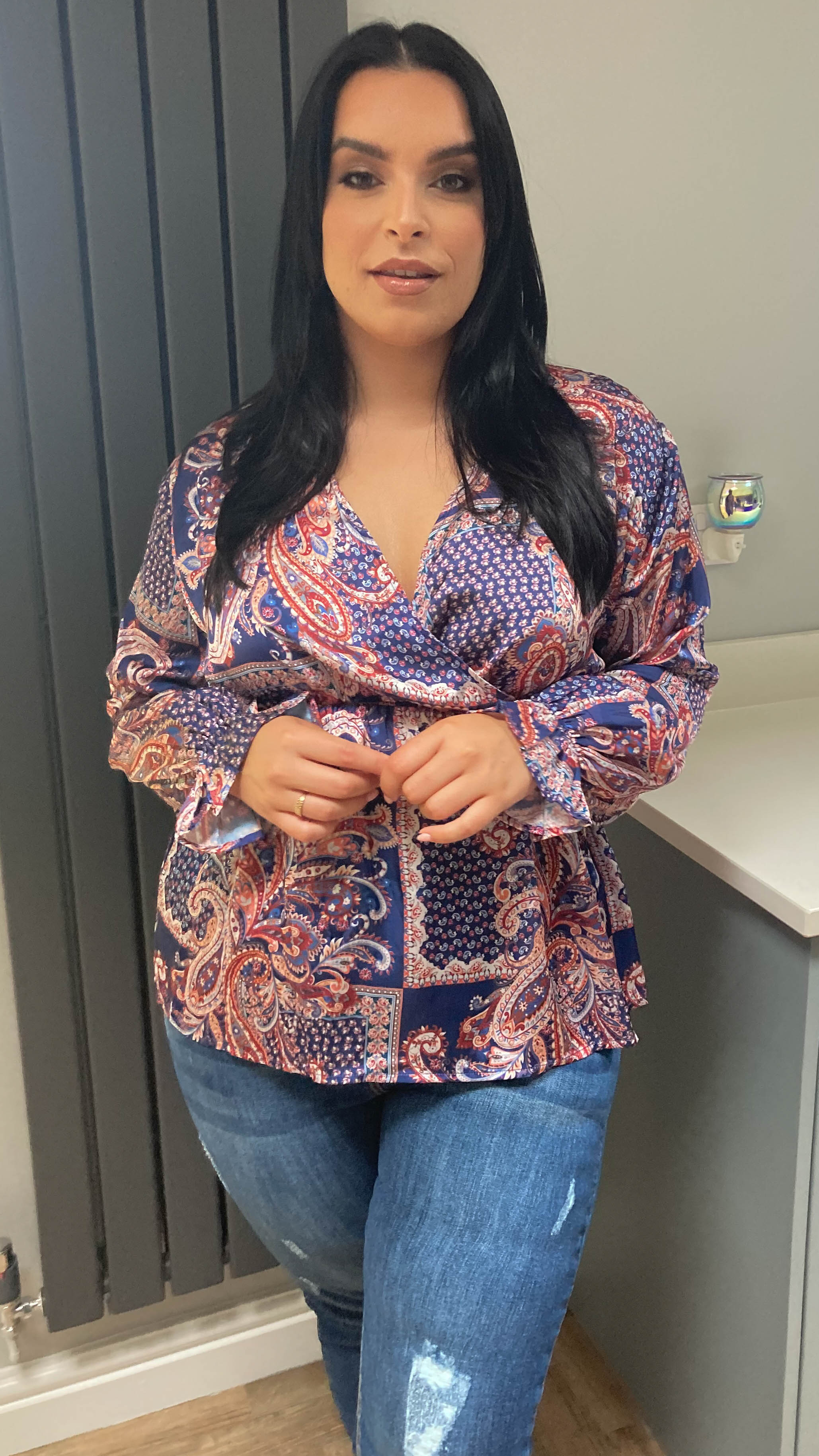 CurveWow Paisley Print Wrap Top Navy