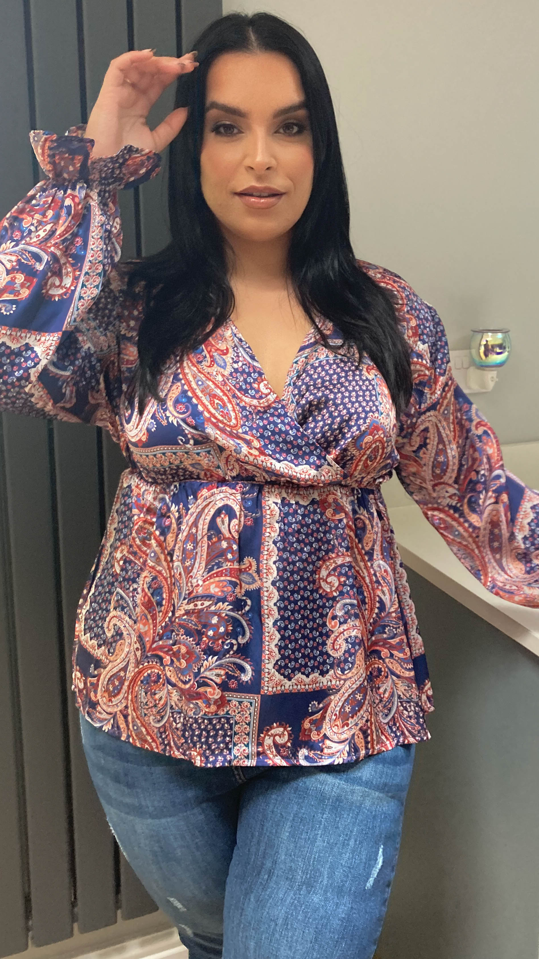 CurveWow Paisley Print Wrap Top Navy