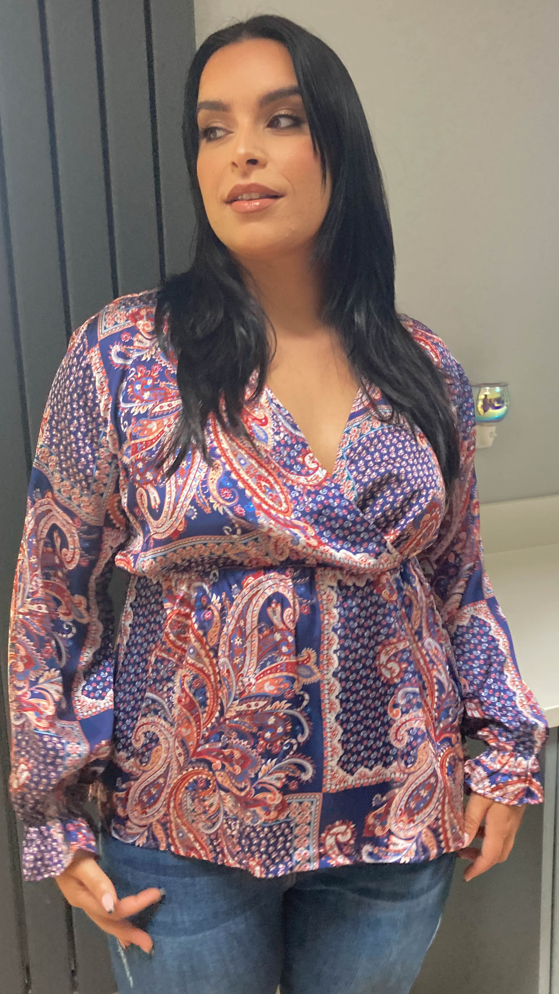 CurveWow Paisley Print Wrap Top Navy