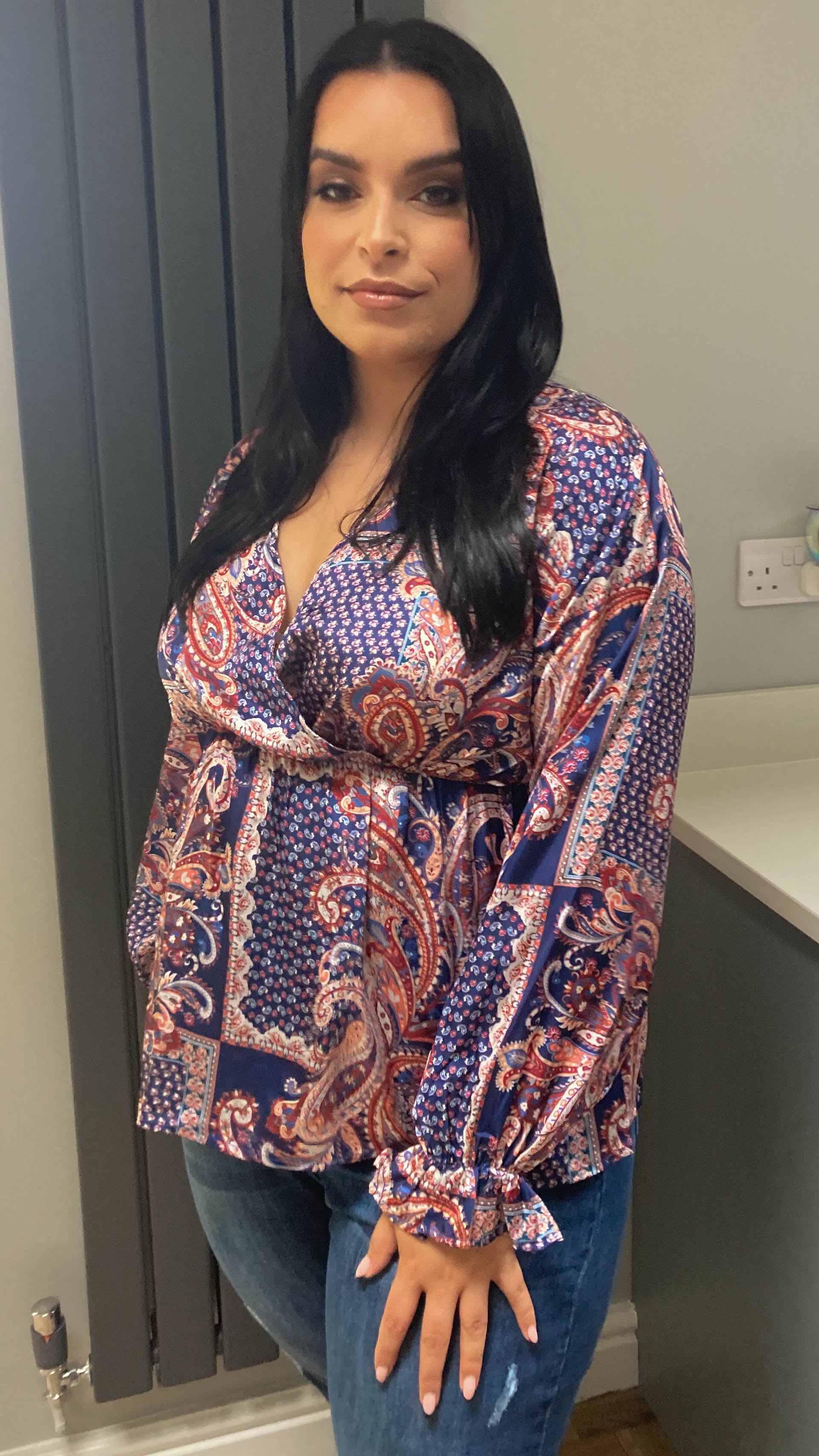 CurveWow Paisley Print Wrap Top Navy