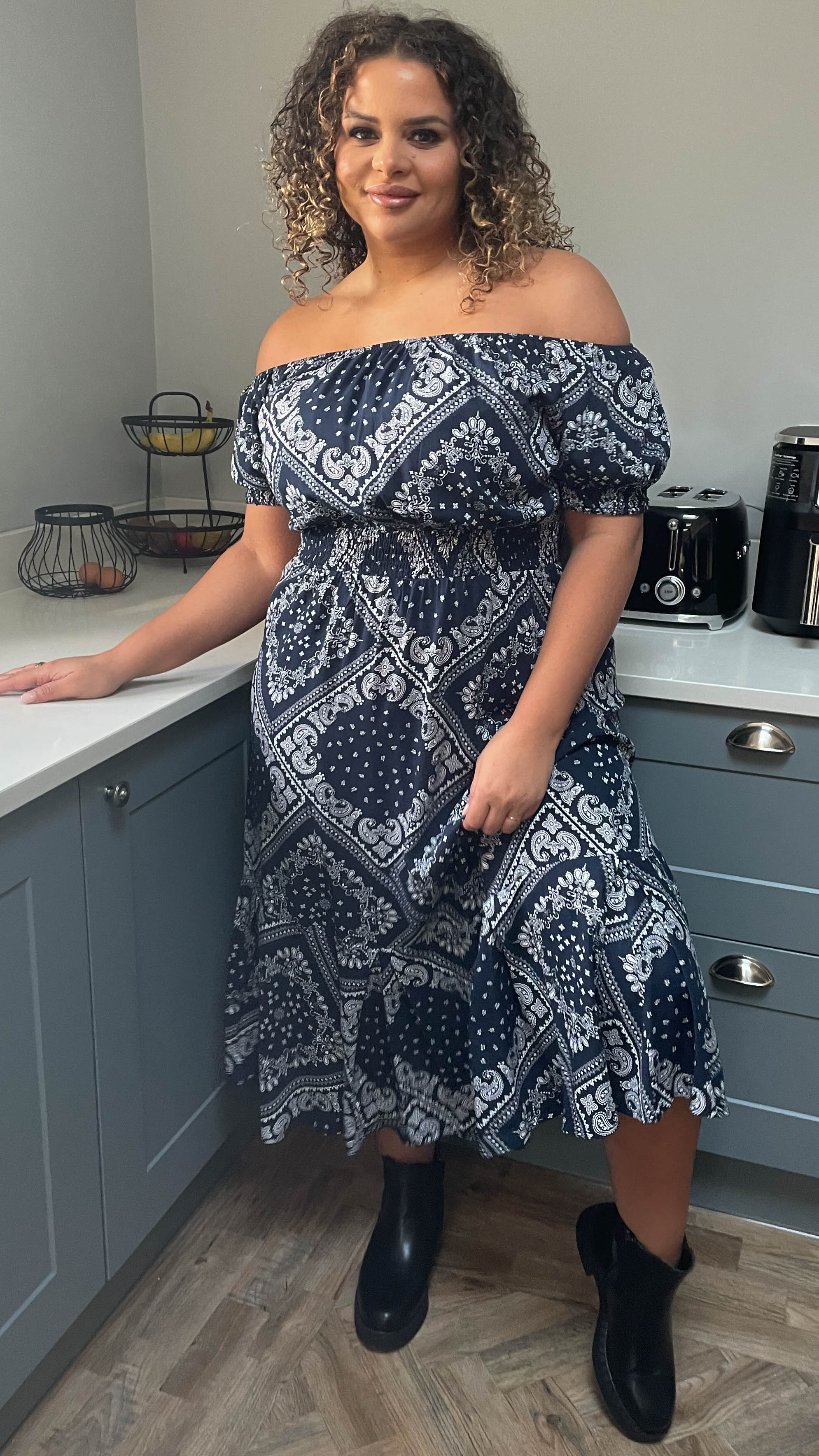 CurveWow Navy & White Paisley Print Bardot Midi Dress