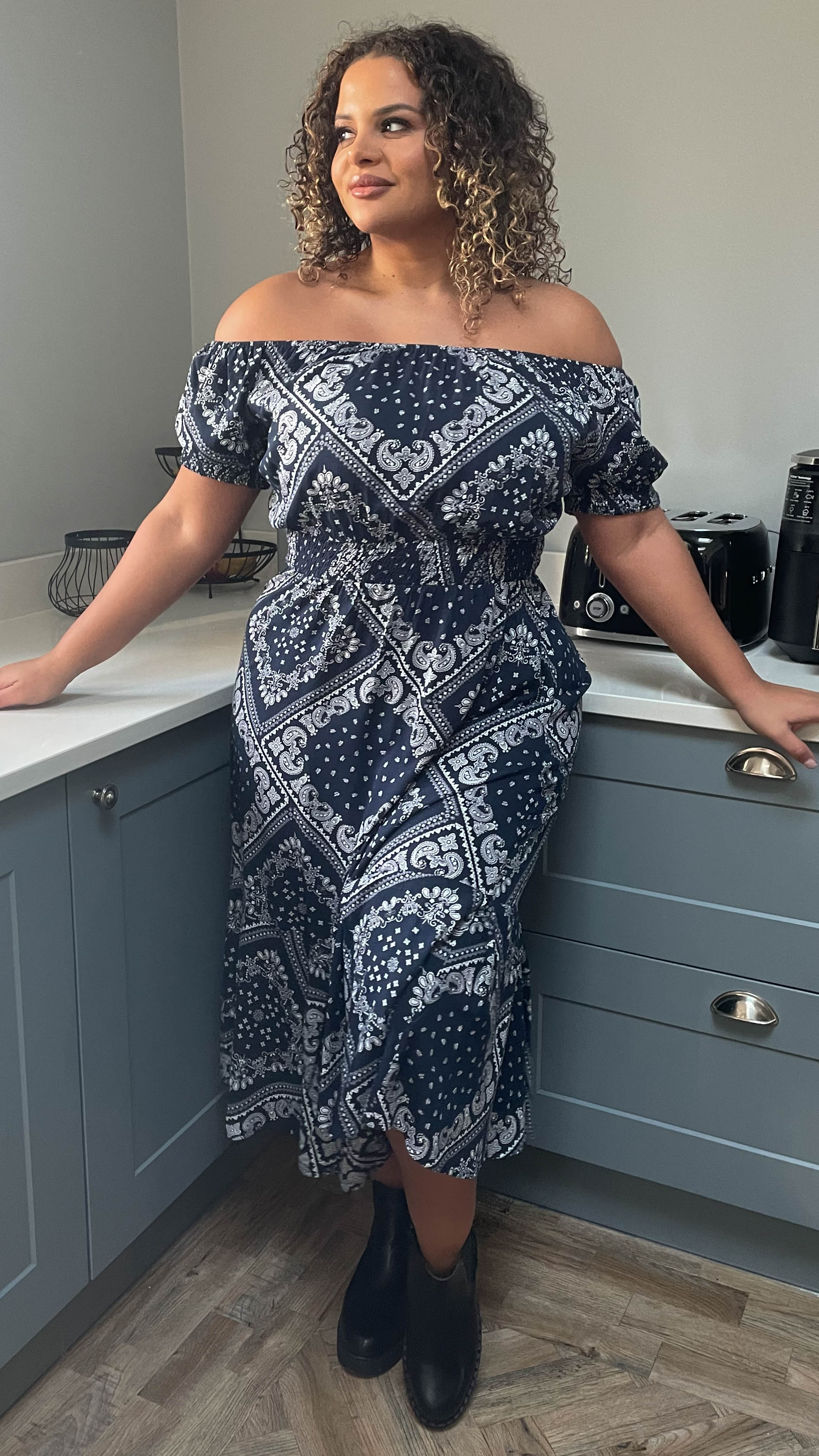 CurveWow Navy & White Paisley Print Bardot Midi Dress