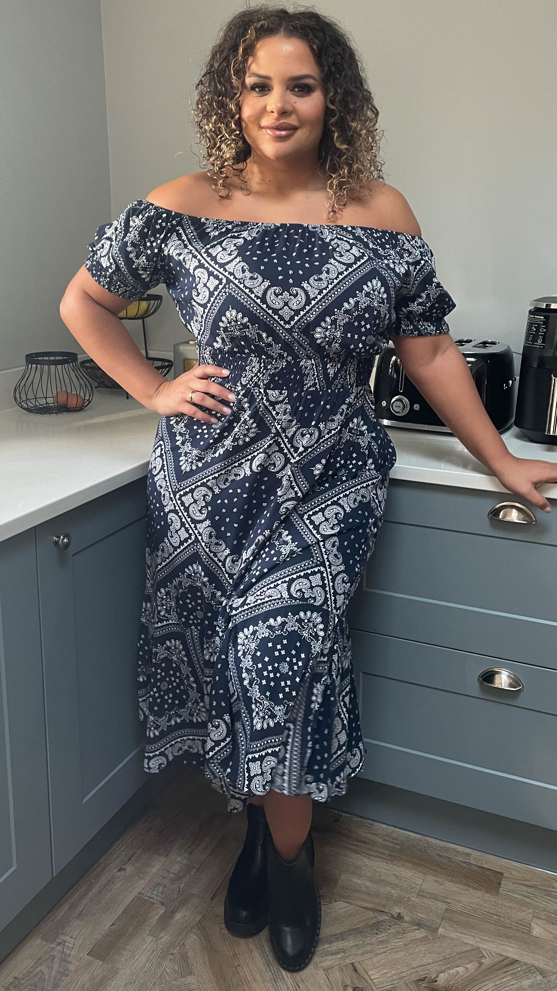 CurveWow Navy & White Paisley Print Bardot Midi Dress