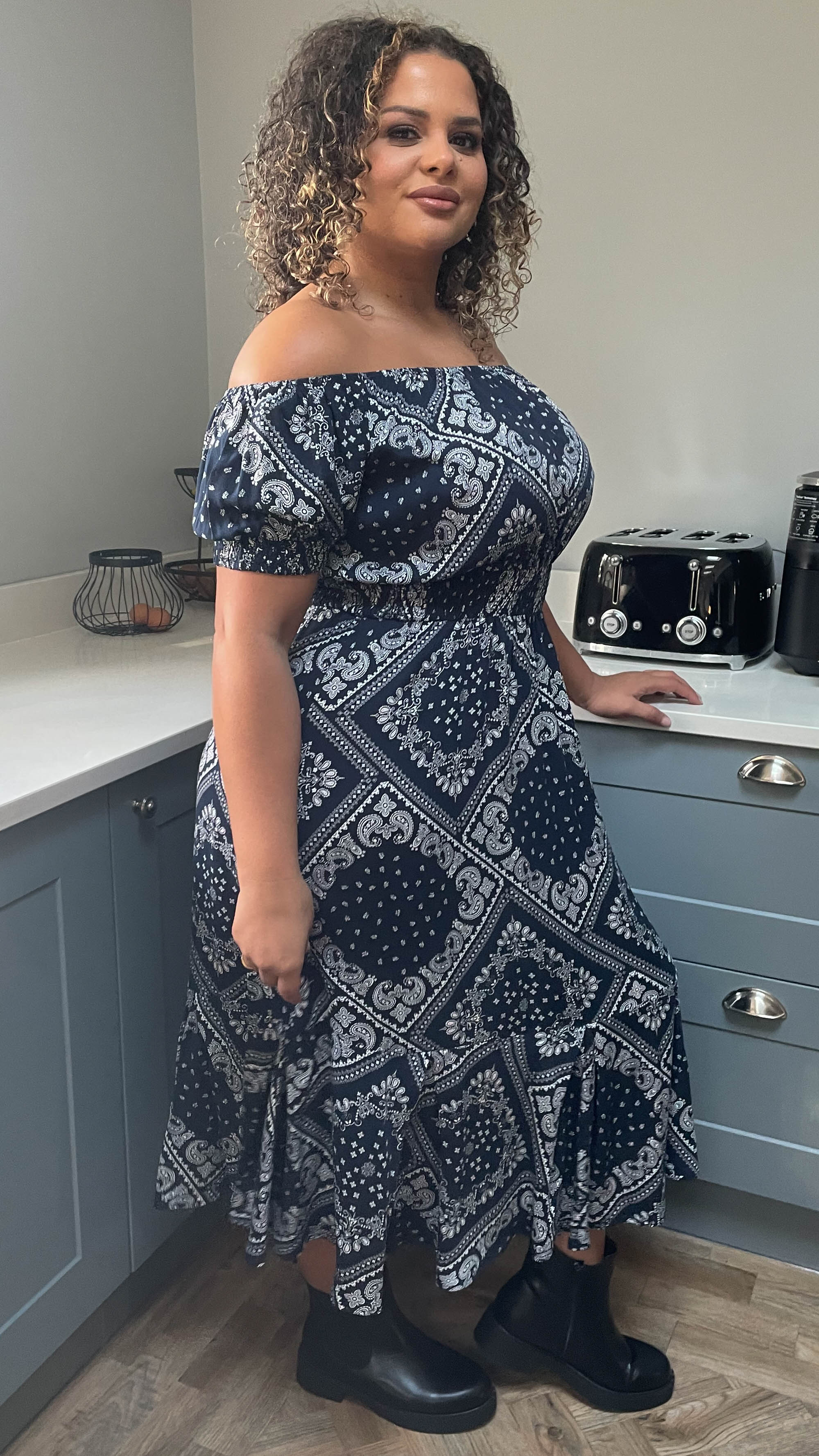 CurveWow Navy & White Paisley Print Bardot Midi Dress