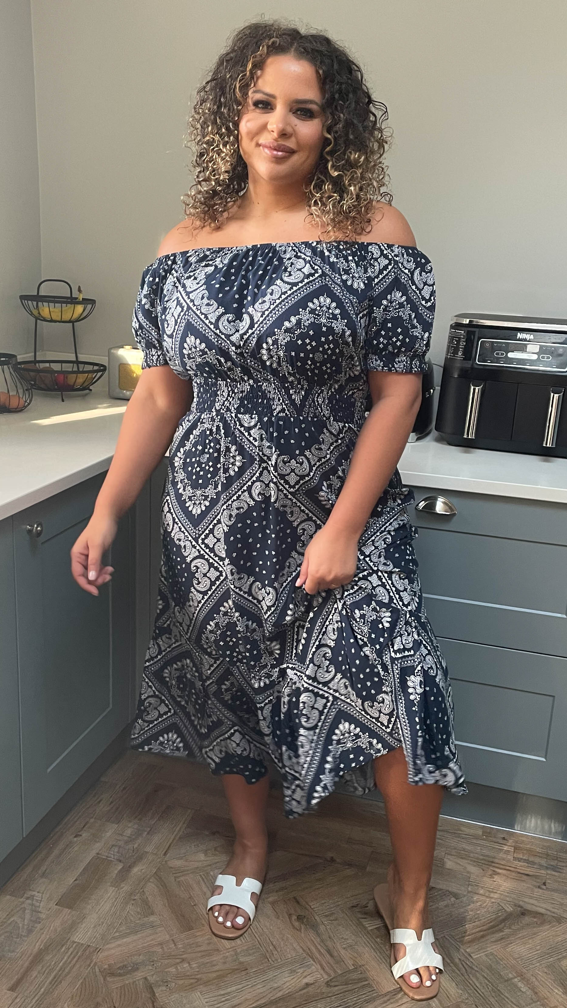 CurveWow Navy & White Paisley Print Bardot Midi Dress