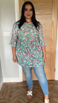 CurveWow Longline Smock Top Green Floral