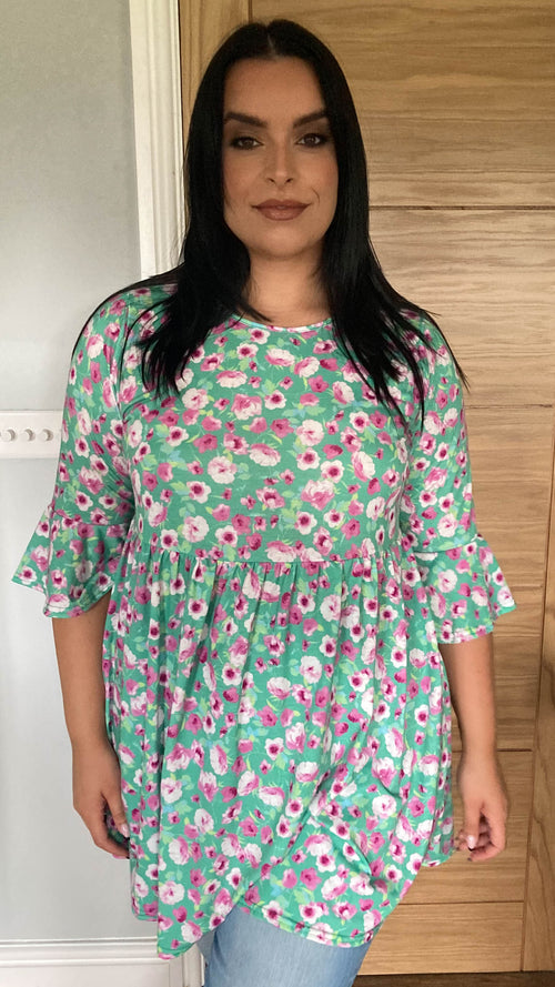 CurveWow Longline Smock Top Green Floral
