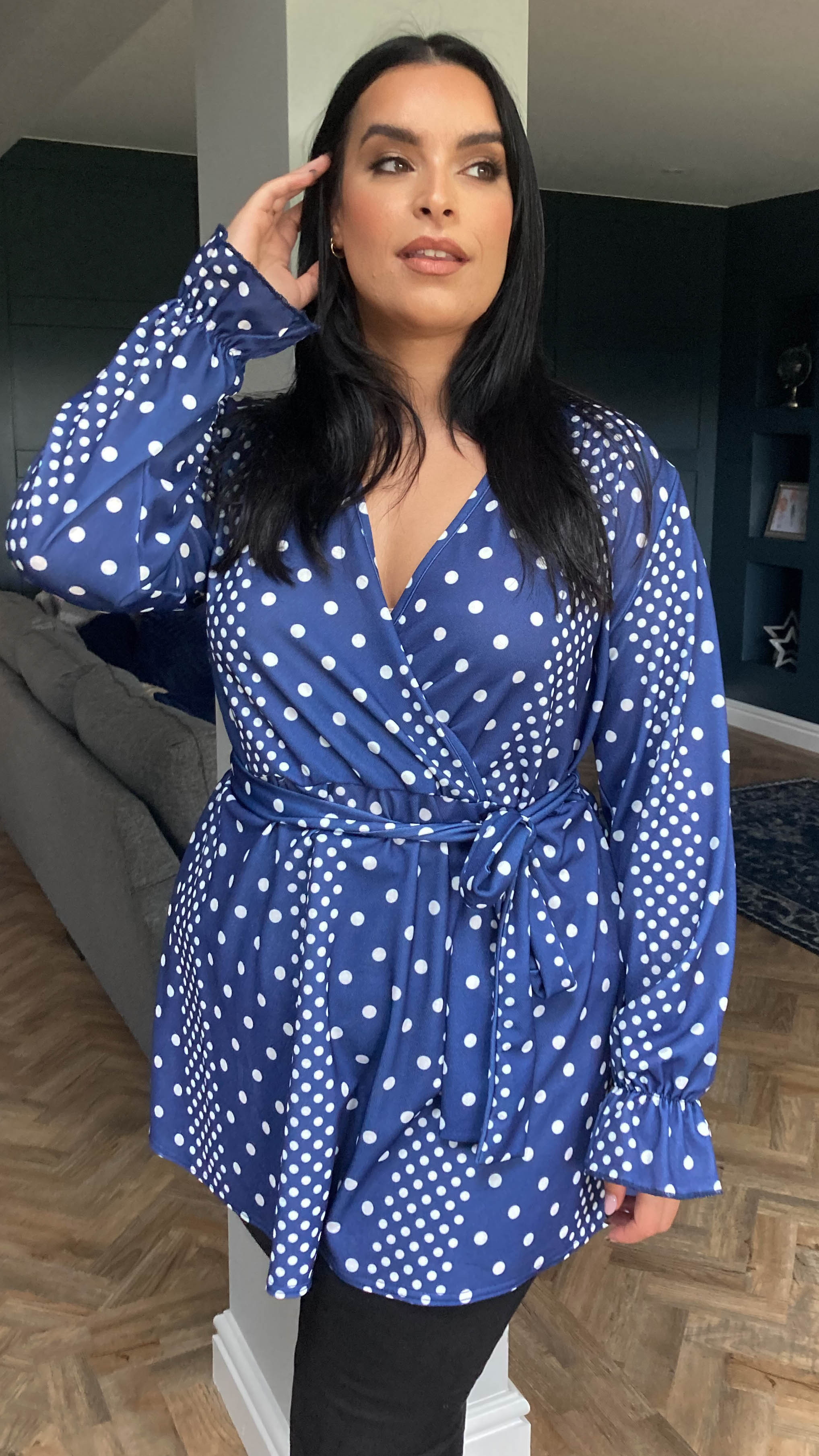 CurveWow Full Belle Sleeve Wrap Top Navy Spot