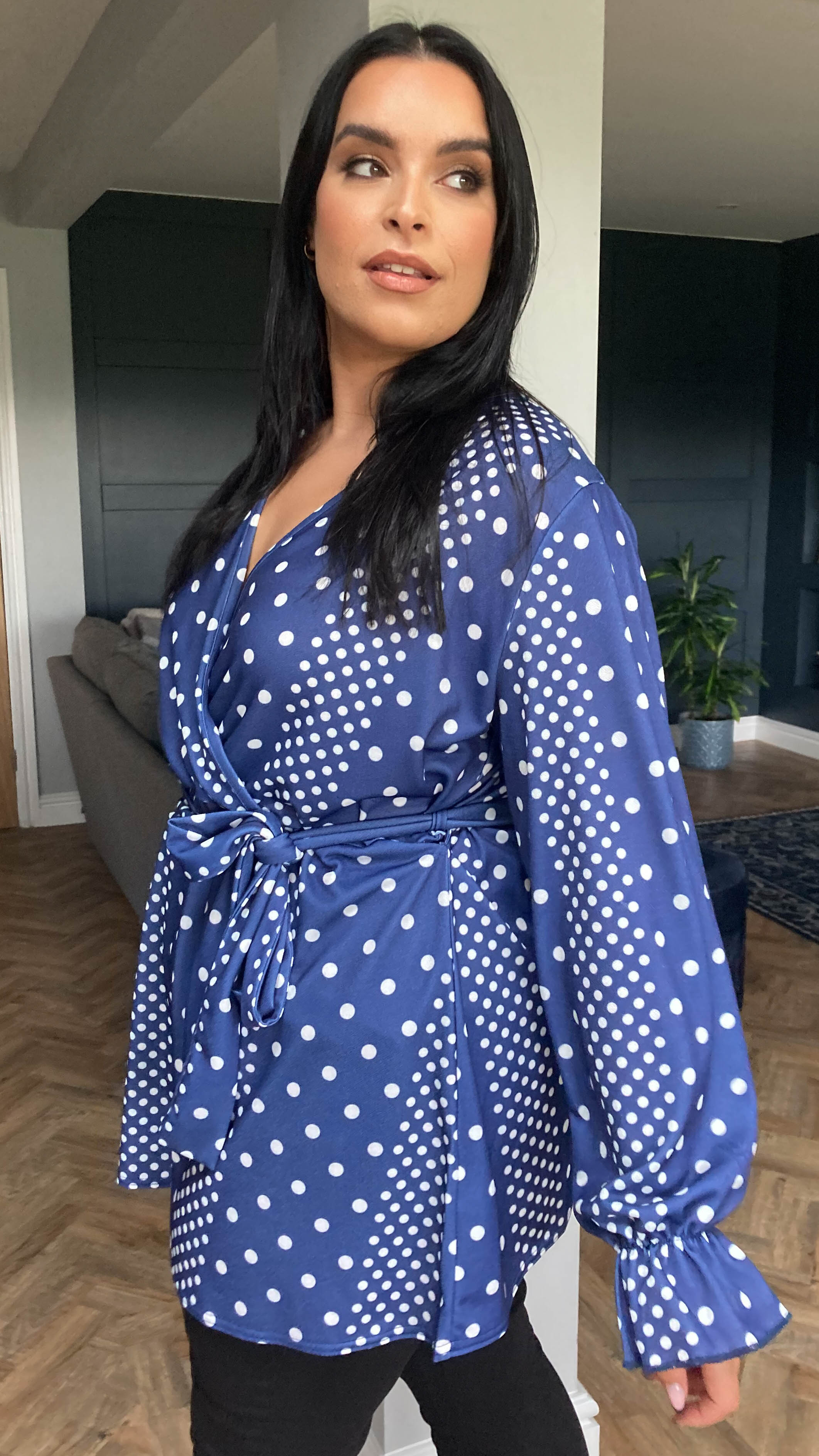 CurveWow Full Belle Sleeve Wrap Top Navy Spot