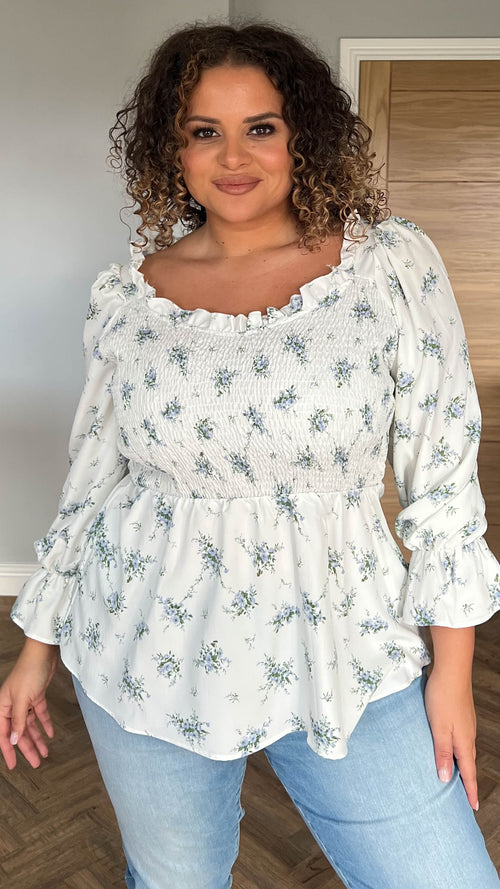 CurveWow V-Neck Shirred Top White Floral