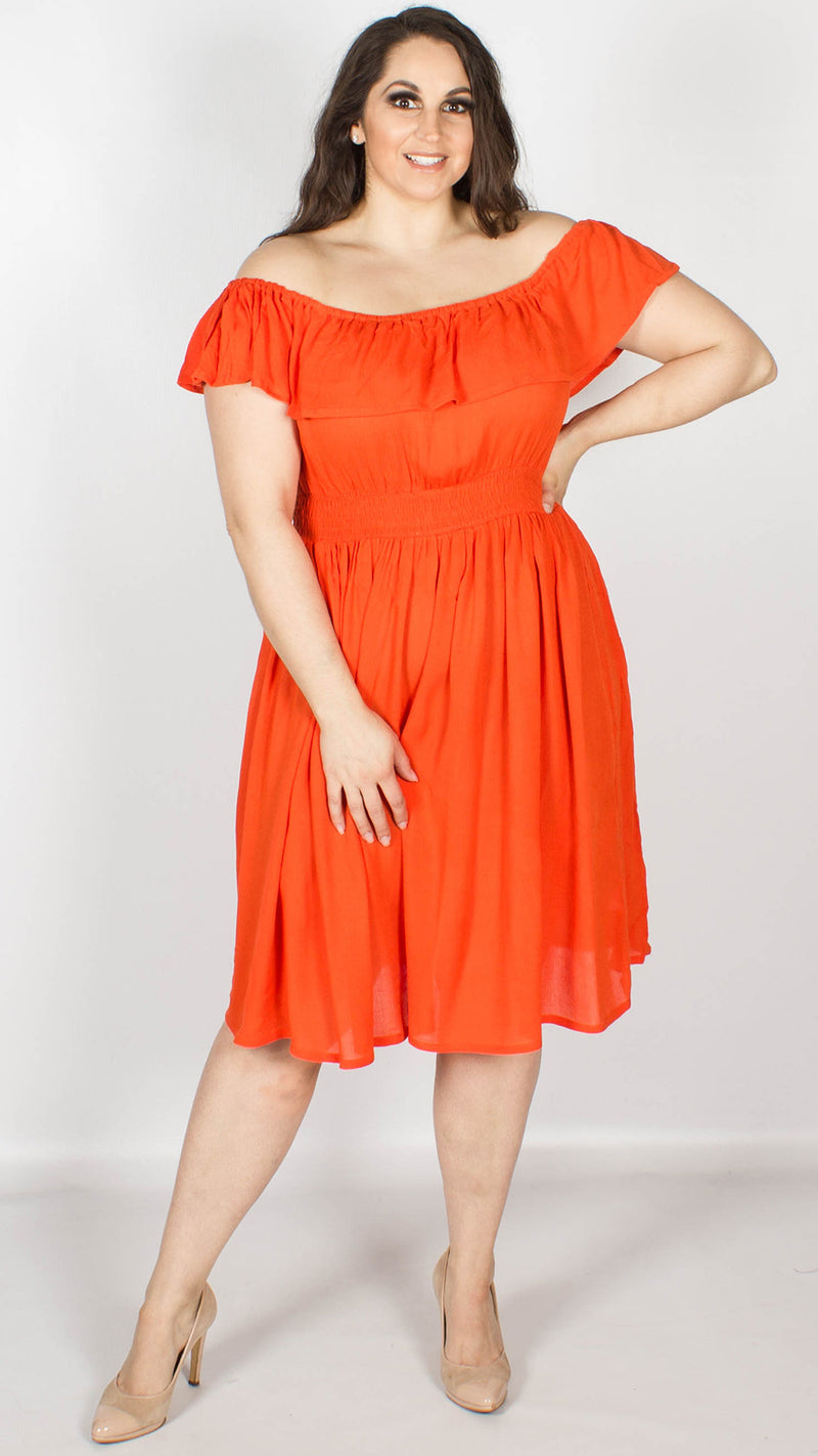 Petal Orange Bardot Neck Midi Dress