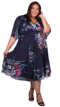 Athena Angel Sleeve Floral Print Midi Dress Navy