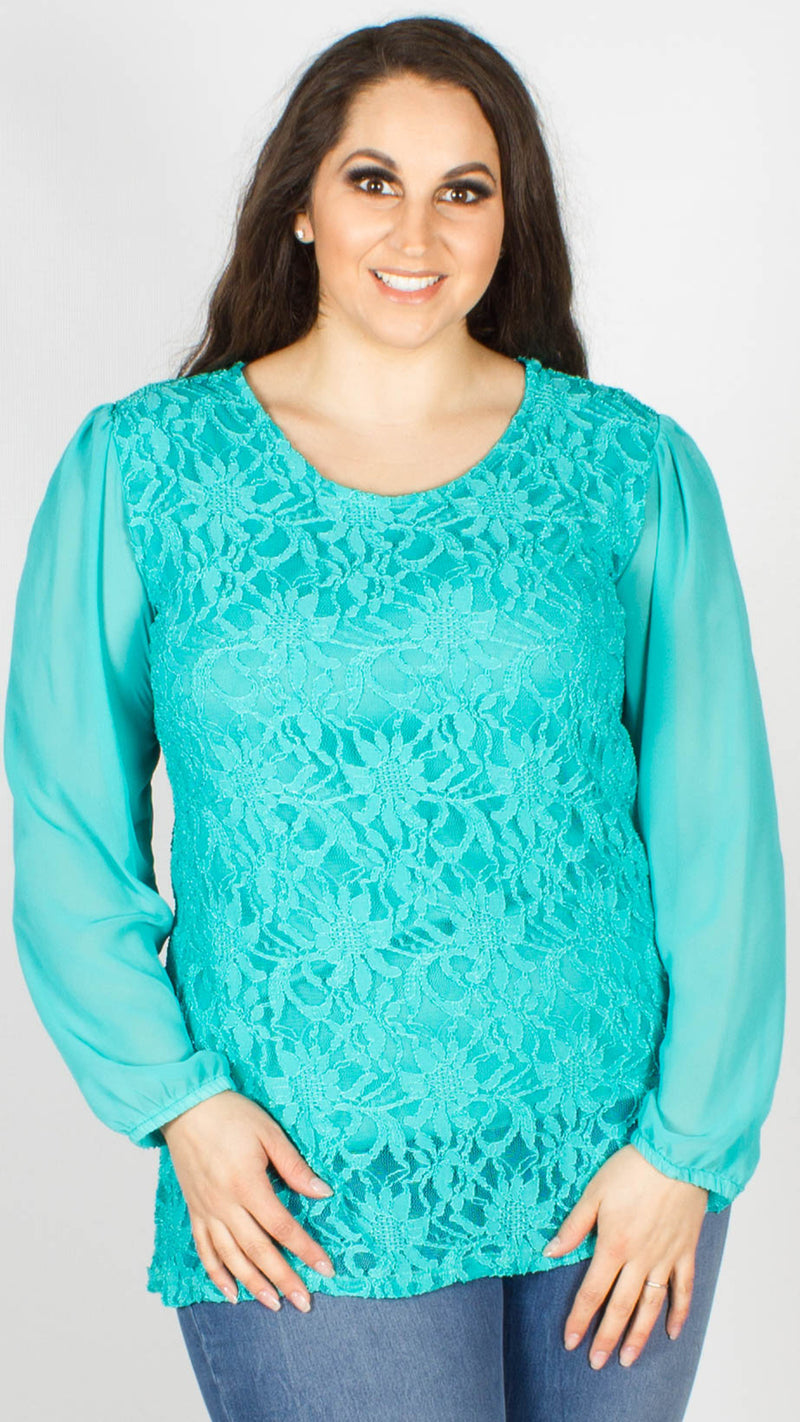 Alexa Chiffon Sleeve Lace Top Turquoise
