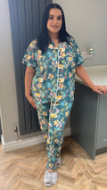 CurveWow Short Sleeve PJ Set Teal With Floral Print