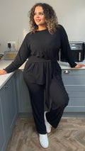 CurveWow Ribbed Wide Leg Lounge Trousers Black