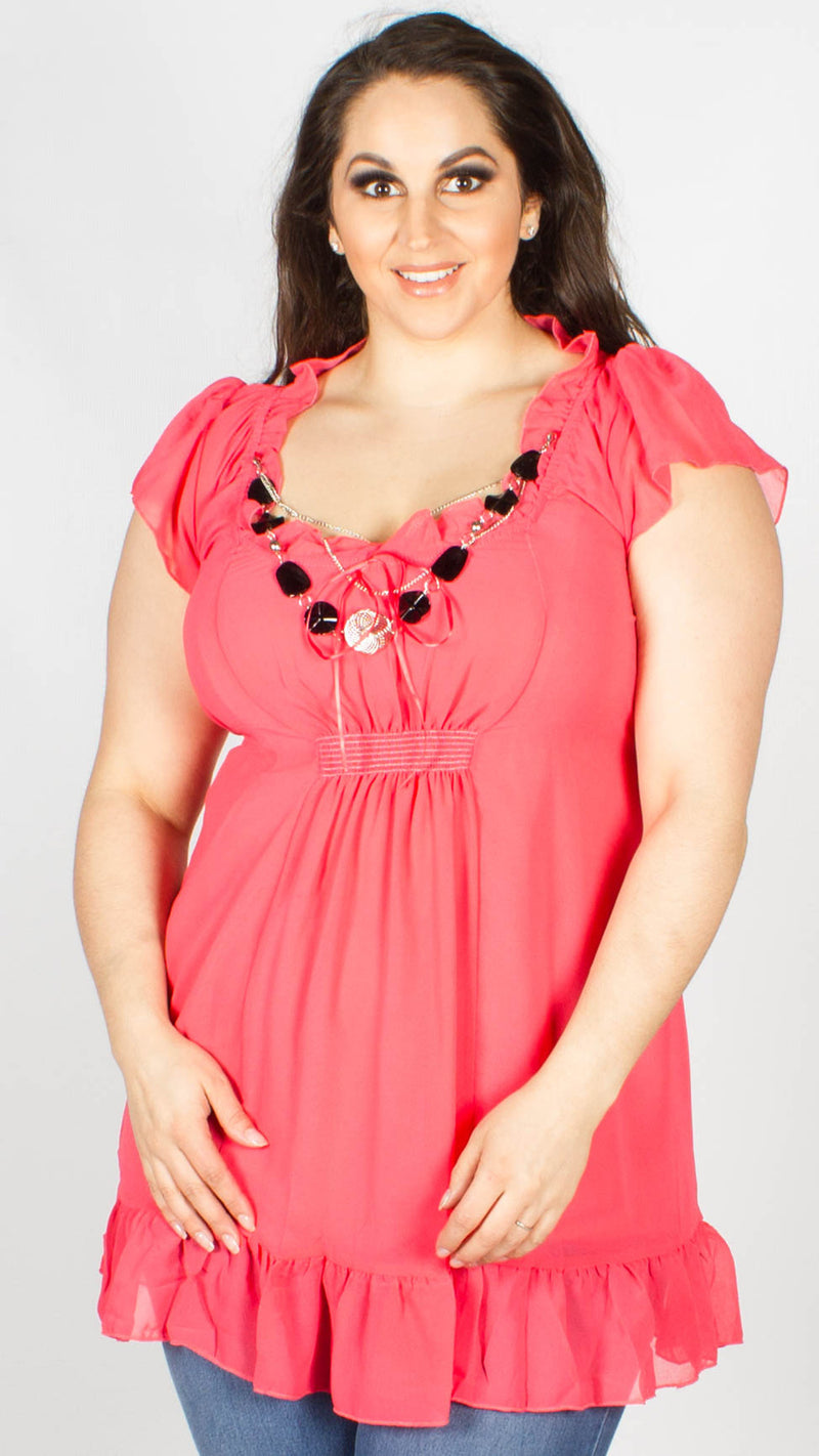 Nancy Coral Ruffle & Necklace Tunic