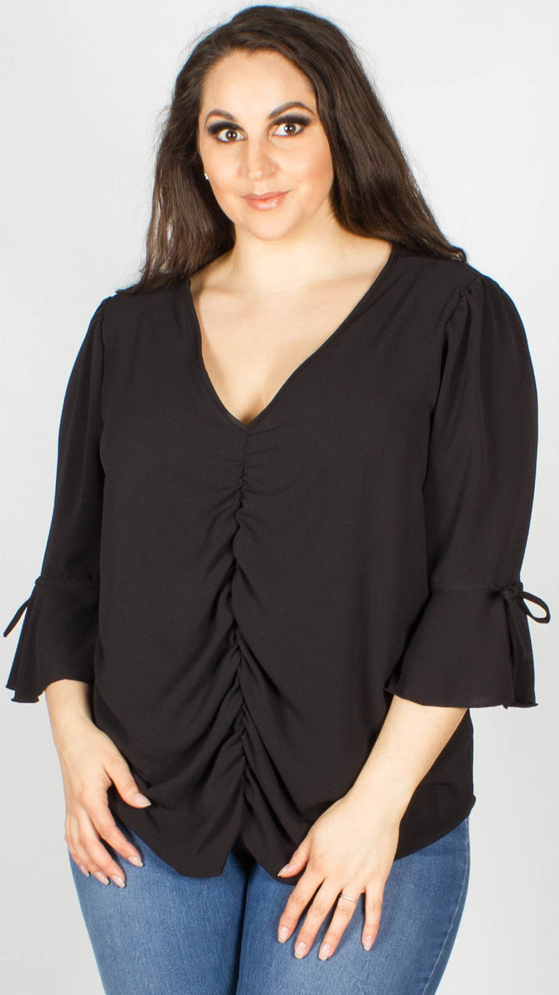 Everly Black Ruched Front Tie Sleeve Blouse