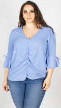 Everly Blue Ruched Front Tie Sleeve Blouse
