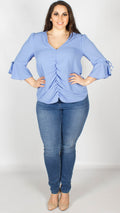 Everly Blue Ruched Front Tie Sleeve Blouse