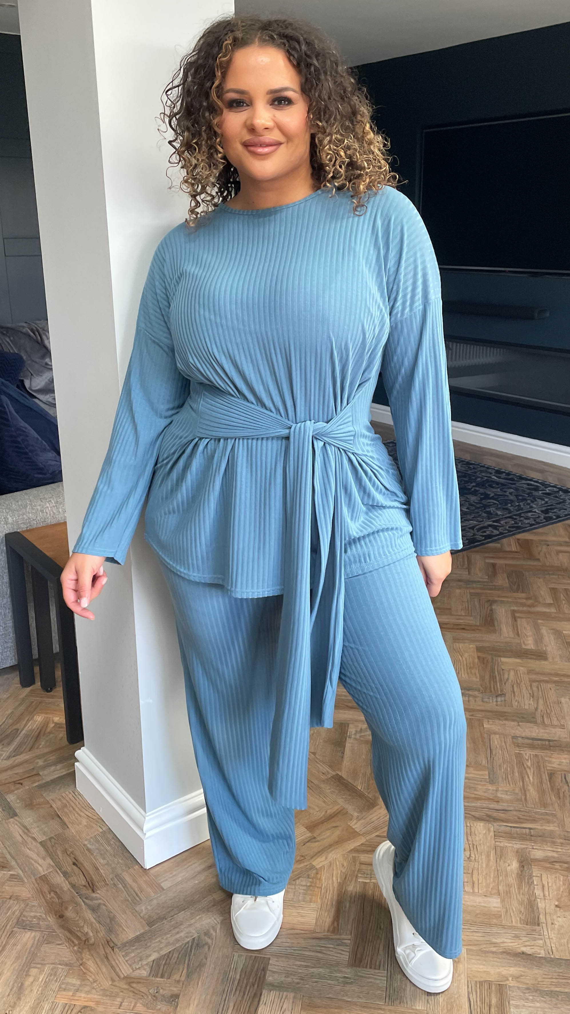 CurveWow Ribbed Tie Waist Lounge Top Blue