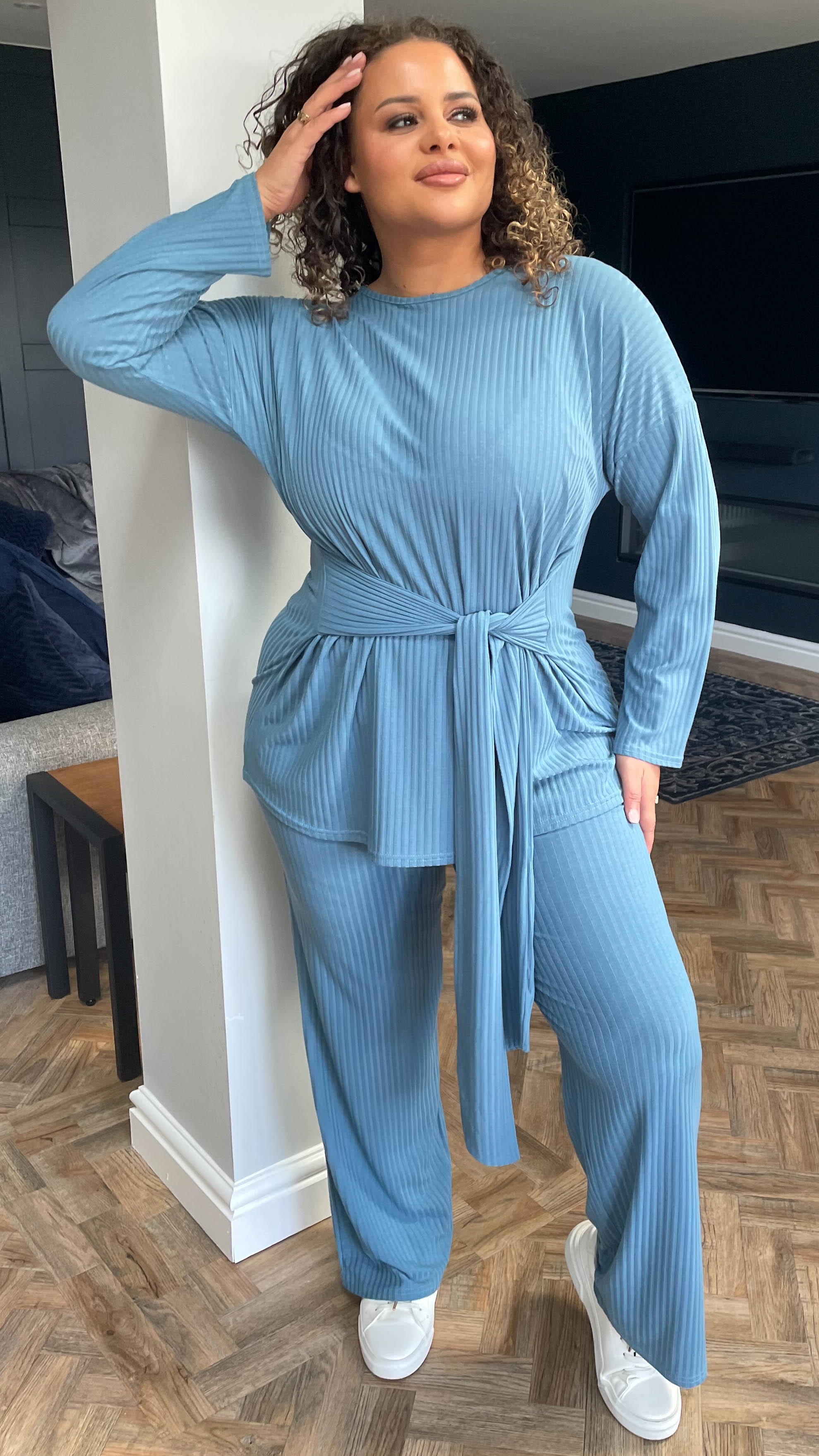 CurveWow Ribbed Tie Waist Lounge Top Blue
