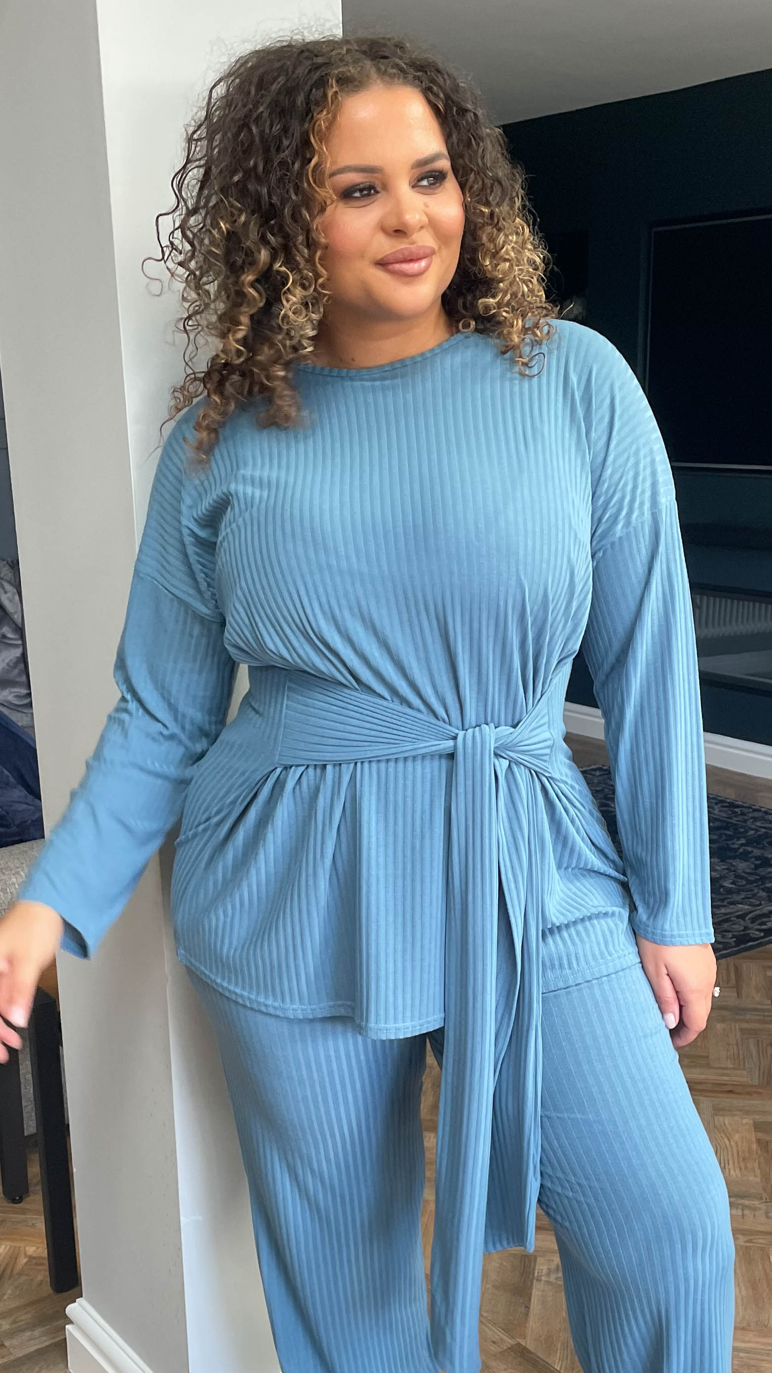 CurveWow Ribbed Tie Waist Lounge Top Blue