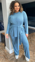 CurveWow Ribbed Tie Waist Lounge Top Blue