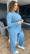 CurveWow Ribbed Wide Leg Lounge Trousers Blue