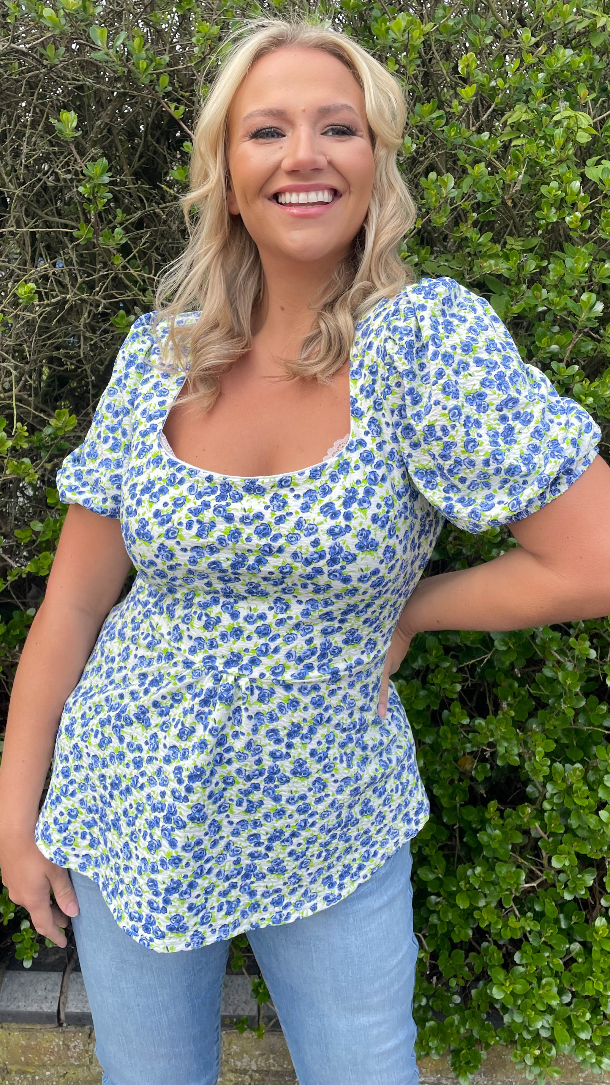 CurveWow Blue Floral Square Neck Tunic