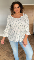 CurveWow V-Neck Shirred Top White Floral