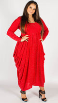 Samaria Lurex Sparkle Side Drape Long Sleeve Red Dress
