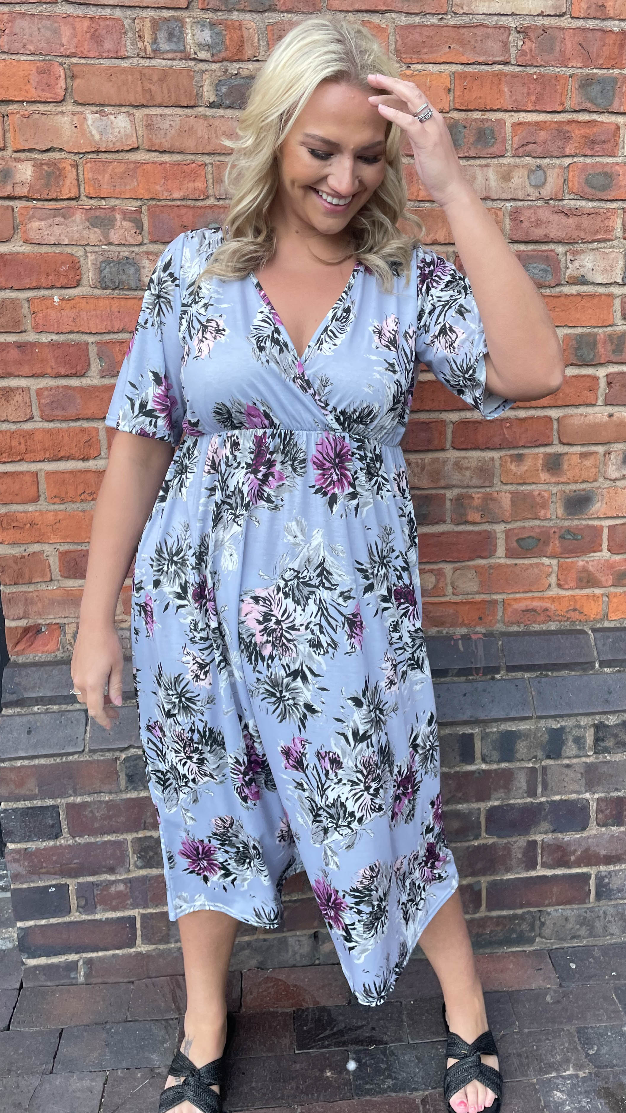 CurveWow Purple Floral Wrap Midi Dress