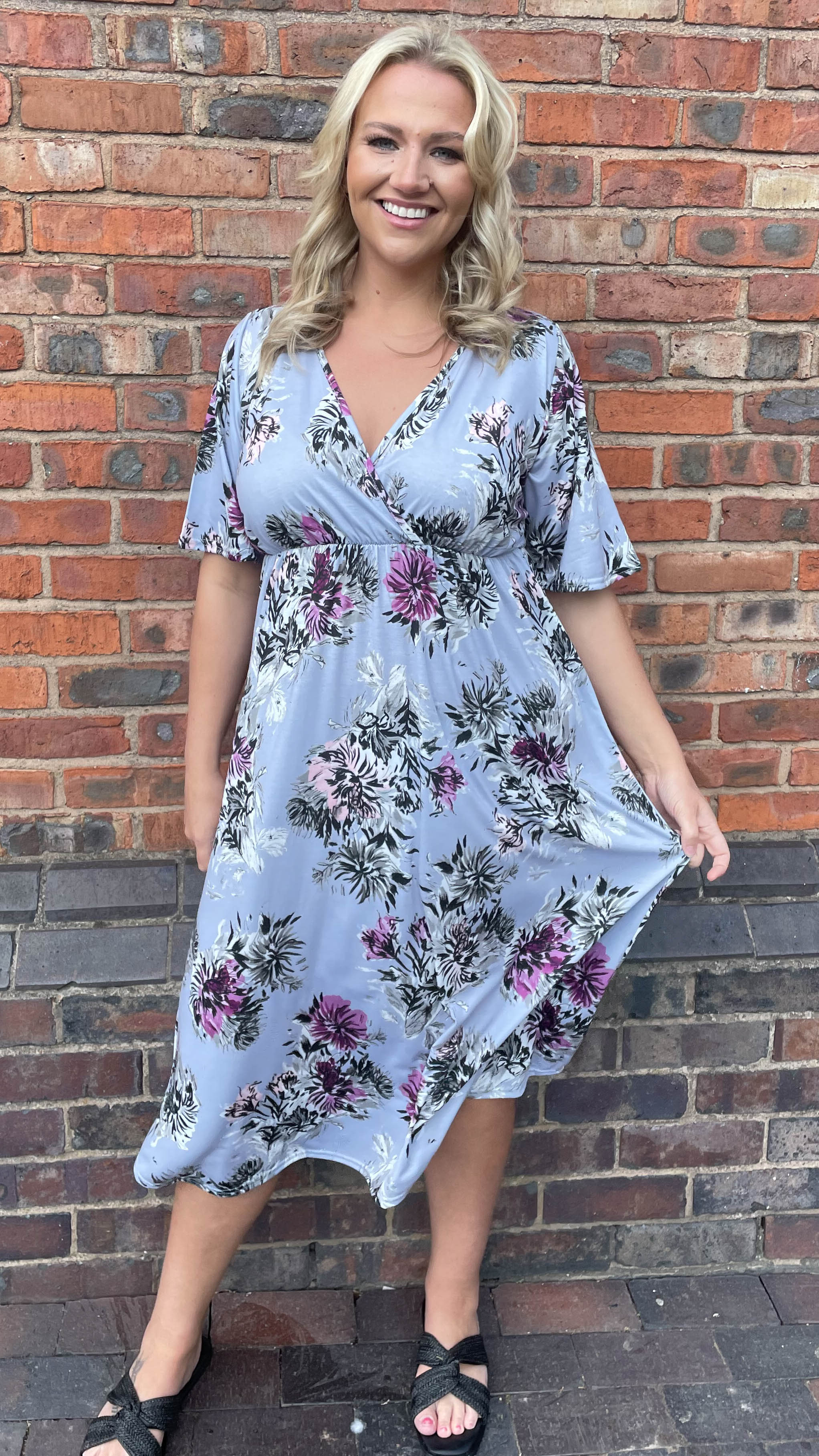CurveWow Purple Floral Wrap Midi Dress