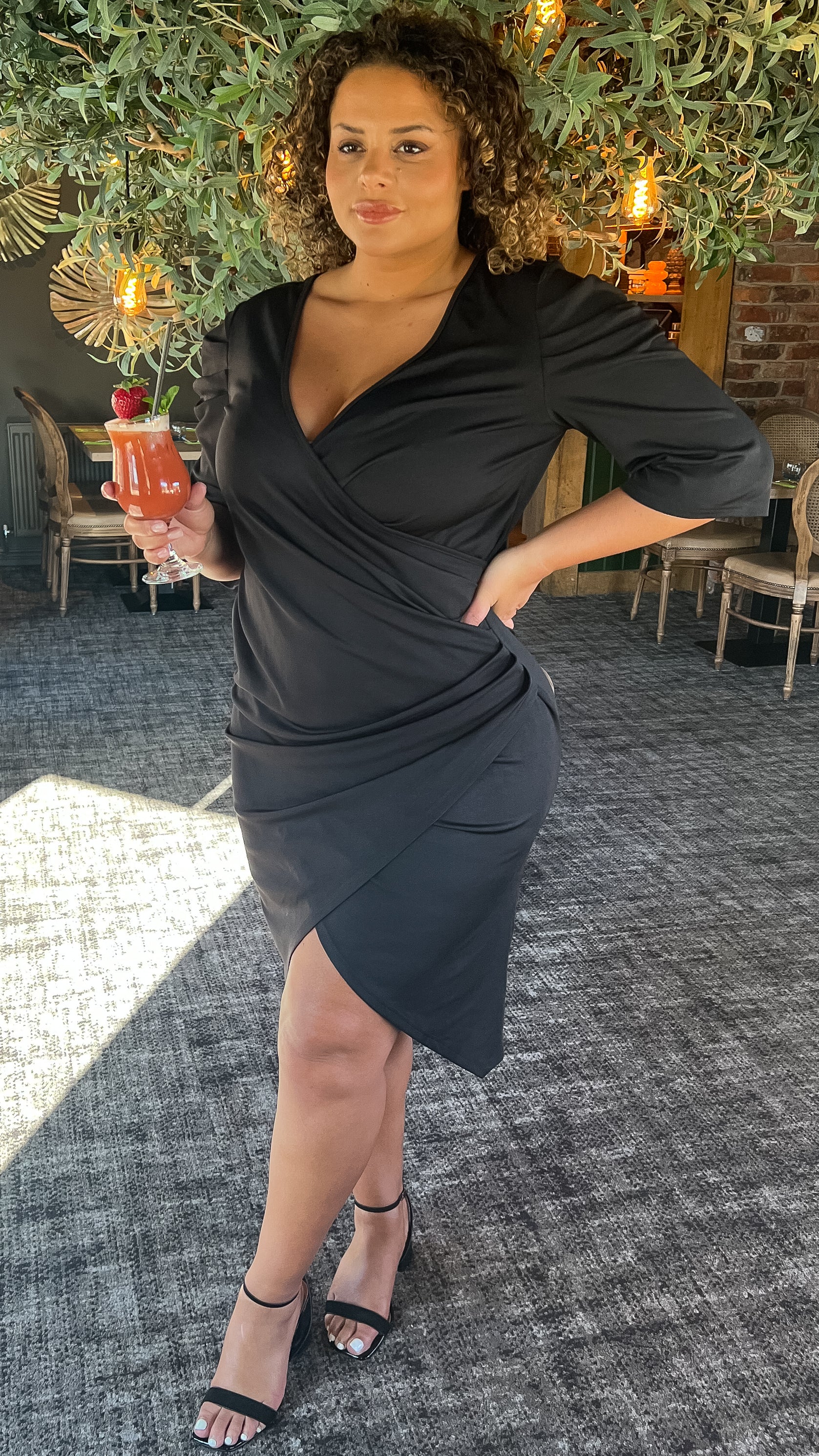 CurveWow Black Puff Sleeve Wrap Midi Dress Curvewow CurveWow Black Puff Sleeve Wrap Midi Dress Curvewow