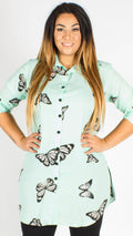 Teplice Chiffon Green Butterfly Side Slit Shirt
