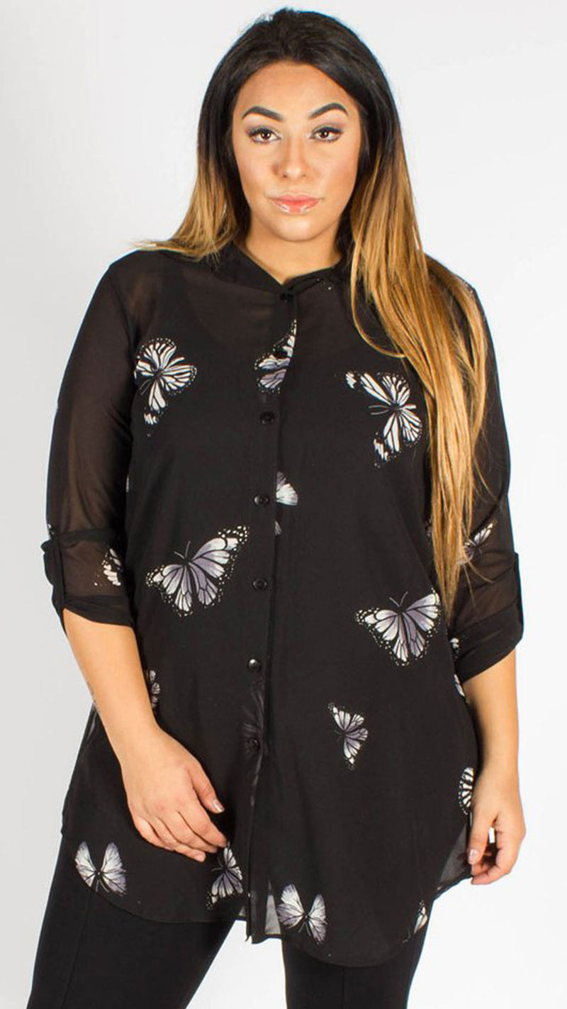 Teplice Chiffon Black Butterfly Side Slit Shirt
