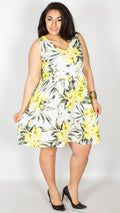 Joanne White Sleeveless Dress with Yellow Floral Print