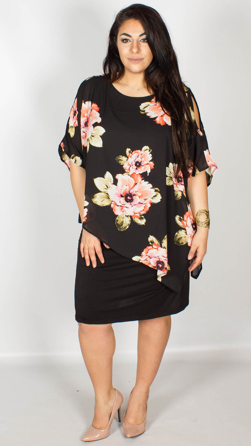 Amy Cold Shoulder Overlay Black Floral Dress