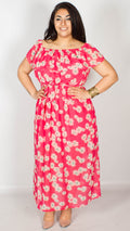 Lois Off the Shoulder Ruffle Hot Pink Maxi Dress