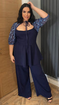 CurveWow Peplum Top With Mesh Sleeves Navy