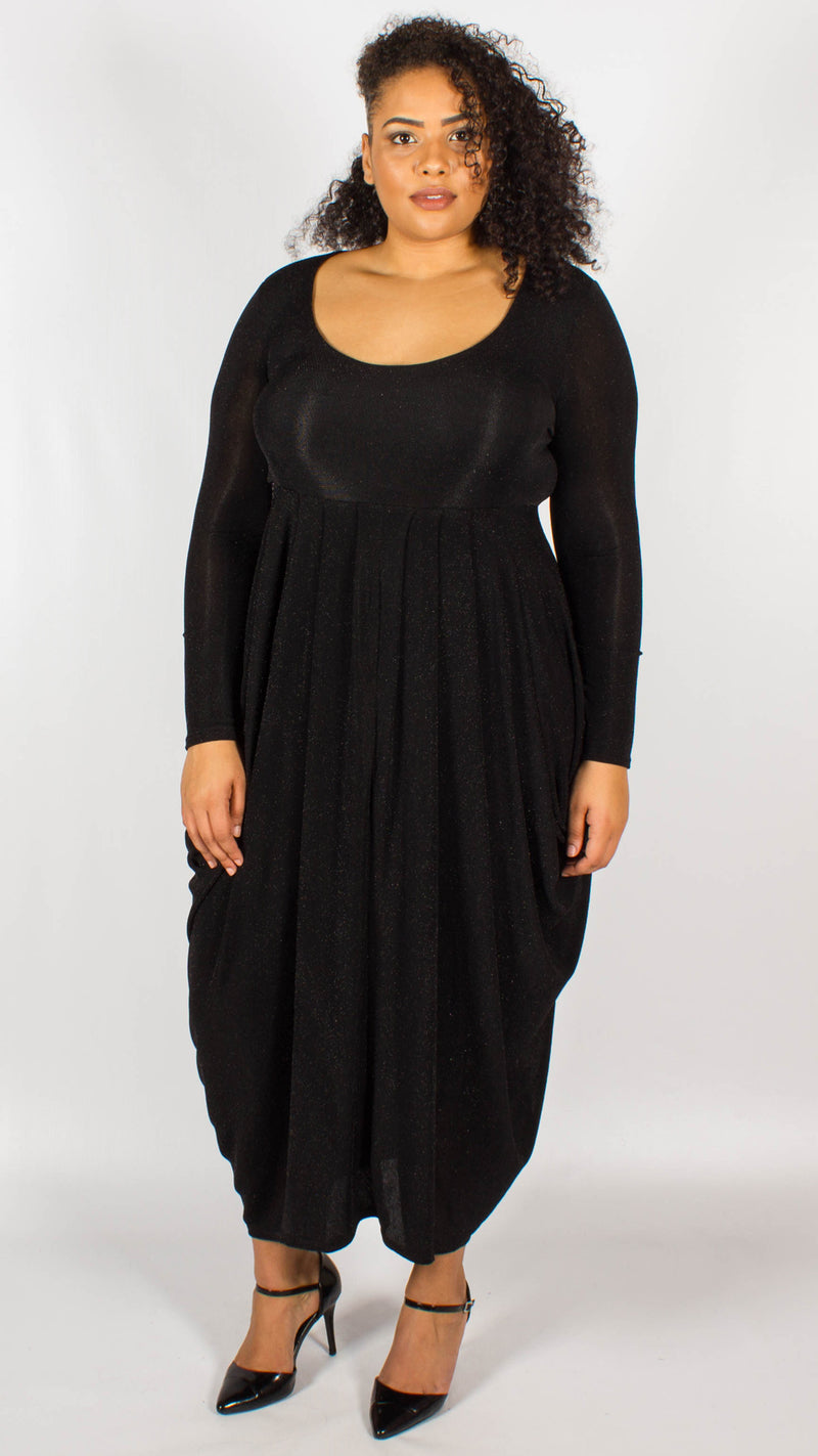 Samaria Lurex Sparkle Side Drape Long Sleeve Black Dress