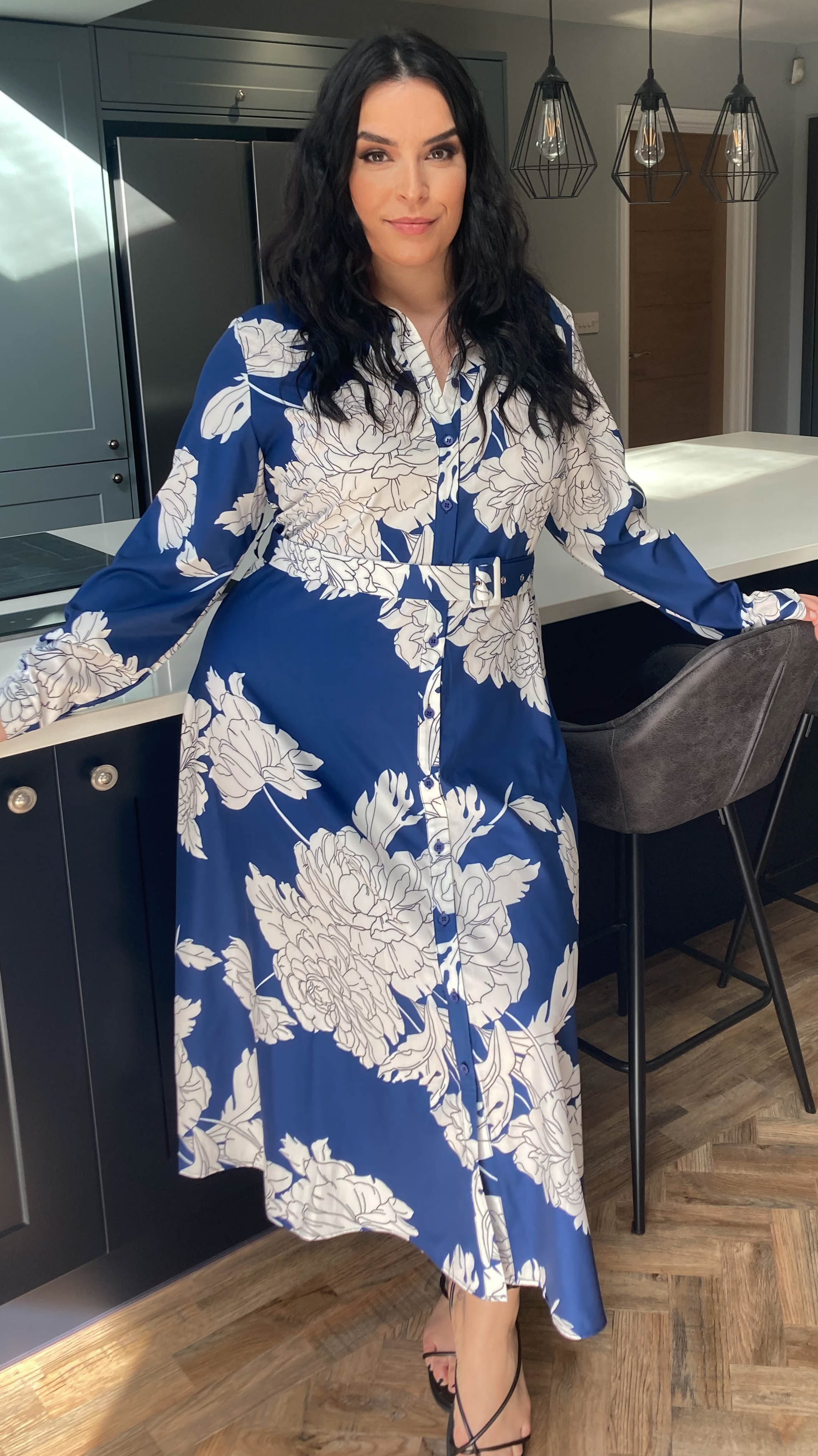 CurveWow Belted Shirt Dress Navy Floral