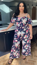 CurveWow Cold Shoulder Jumpsuit Navy Floral