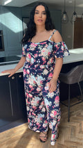 CurveWow Cold Shoulder Jumpsuit Navy Floral