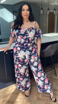CurveWow Cold Shoulder Jumpsuit Navy Floral