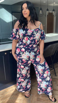 CurveWow Cold Shoulder Jumpsuit Navy Floral
