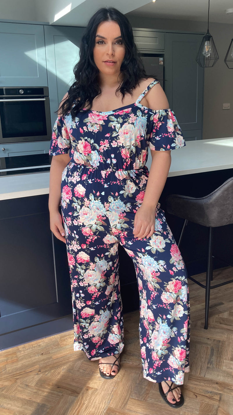 CurveWow Cold Shoulder Jumpsuit Navy Floral
