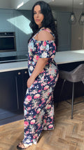 CurveWow Cold Shoulder Jumpsuit Navy Floral