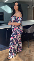 CurveWow Cold Shoulder Jumpsuit Navy Floral